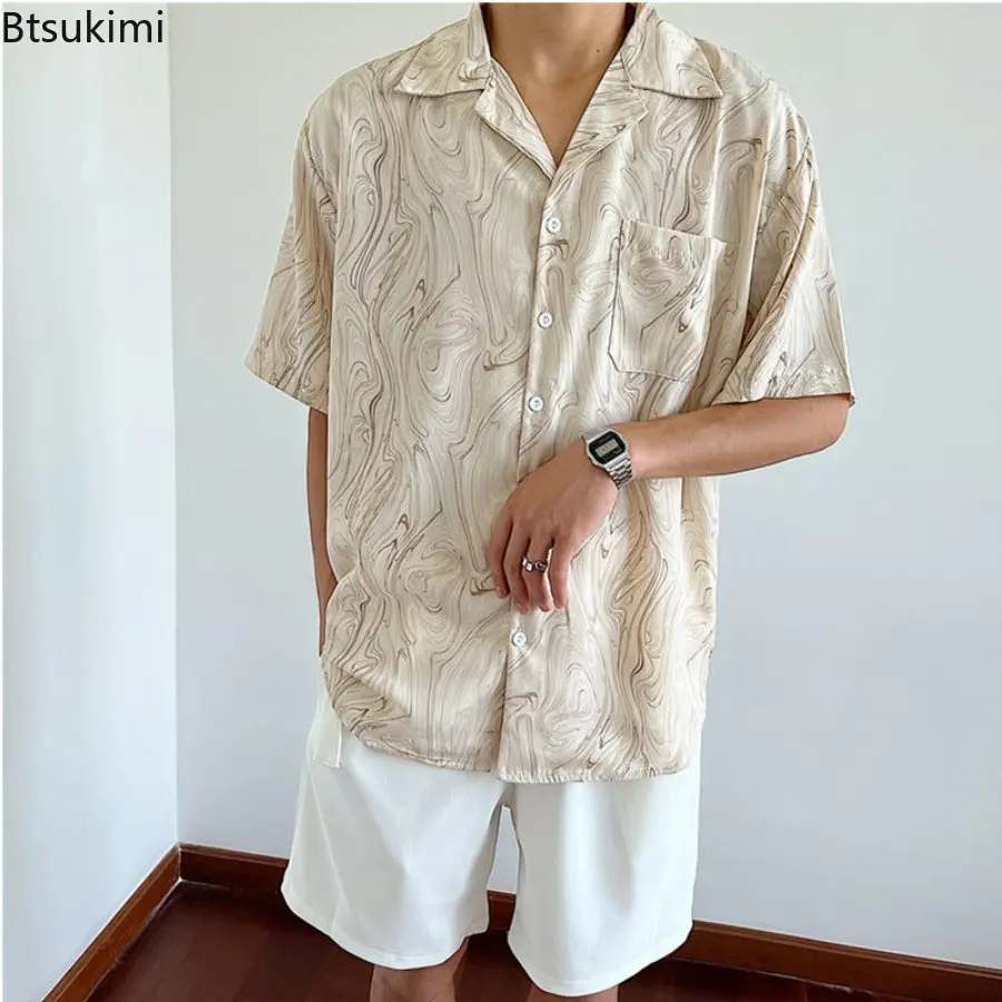 Trend Lapel Short Sleeve Shirt for Men Fashion Printed Irregular Pattern Loose Casual Cardigan Men Vintage Beach Vacation Blouse