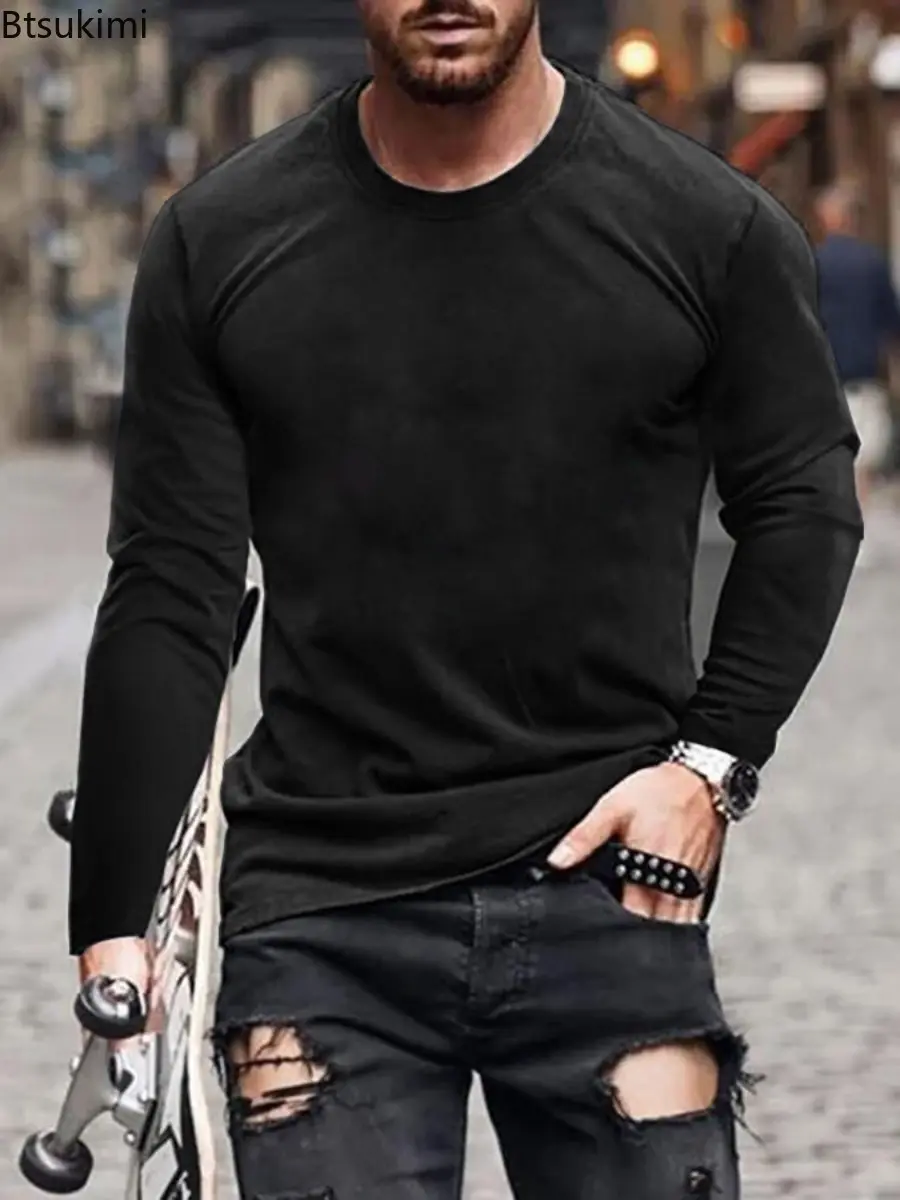 2025 Men's Round Neck Long Sleeved T-shirt Solid Color Casual Slim Fit Top for Men Spring and Autumn Fashion Hooded Shirt Male