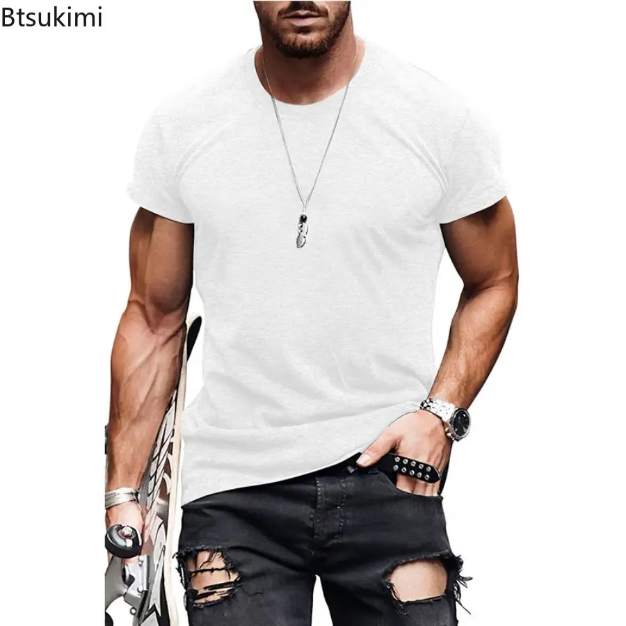2025 Men's Summer Solid Color Short Sleeved Casual Loose T-shirt Top for Men Breathable and Quick Drying Basic Cotton T-shirt