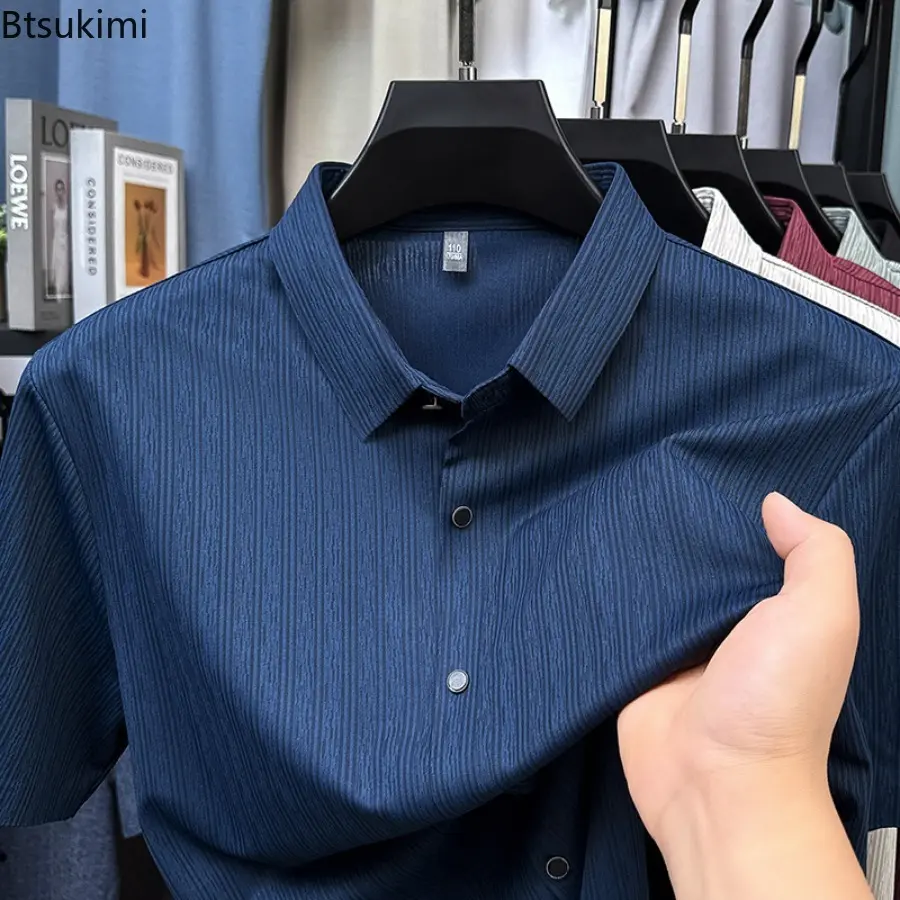 Men's Summer Ice Silk Fit Short Sleeve Dress Shirt Premium Solid Colors Business Casual Shirts for Men Breathable Loose Top Male