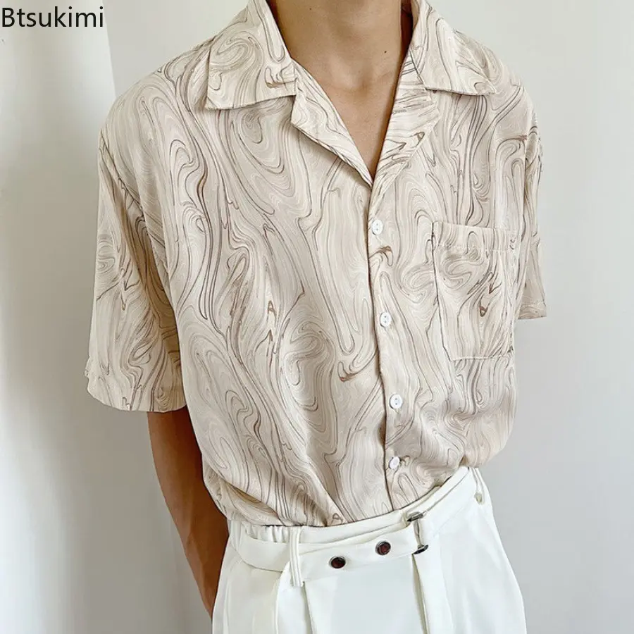 Trend Lapel Short Sleeve Shirt for Men Fashion Printed Irregular Pattern Loose Casual Cardigan Men Vintage Beach Vacation Blouse