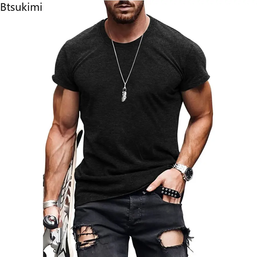 2025 Men's Summer Solid Color Short Sleeved Casual Loose T-shirt Top for Men Breathable and Quick Drying Basic Cotton T-shirt
