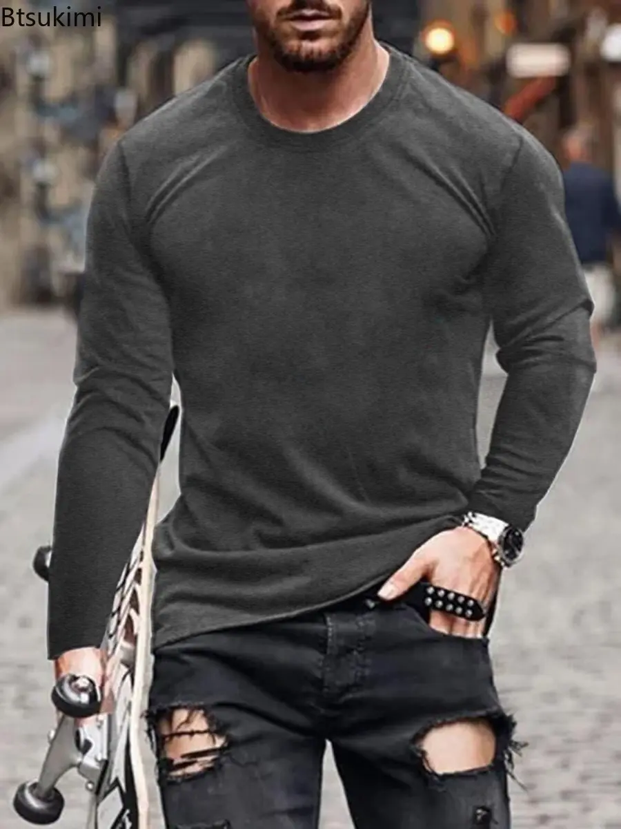2025 Men's Round Neck Long Sleeved T-shirt Solid Color Casual Slim Fit Top for Men Spring and Autumn Fashion Hooded Shirt Male