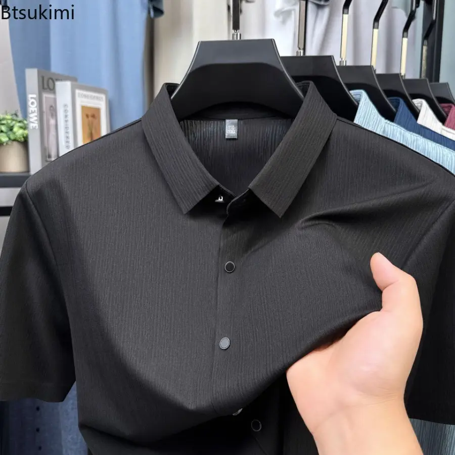 Men's Summer Ice Silk Fit Short Sleeve Dress Shirt Premium Solid Colors Business Casual Shirts for Men Breathable Loose Top Male