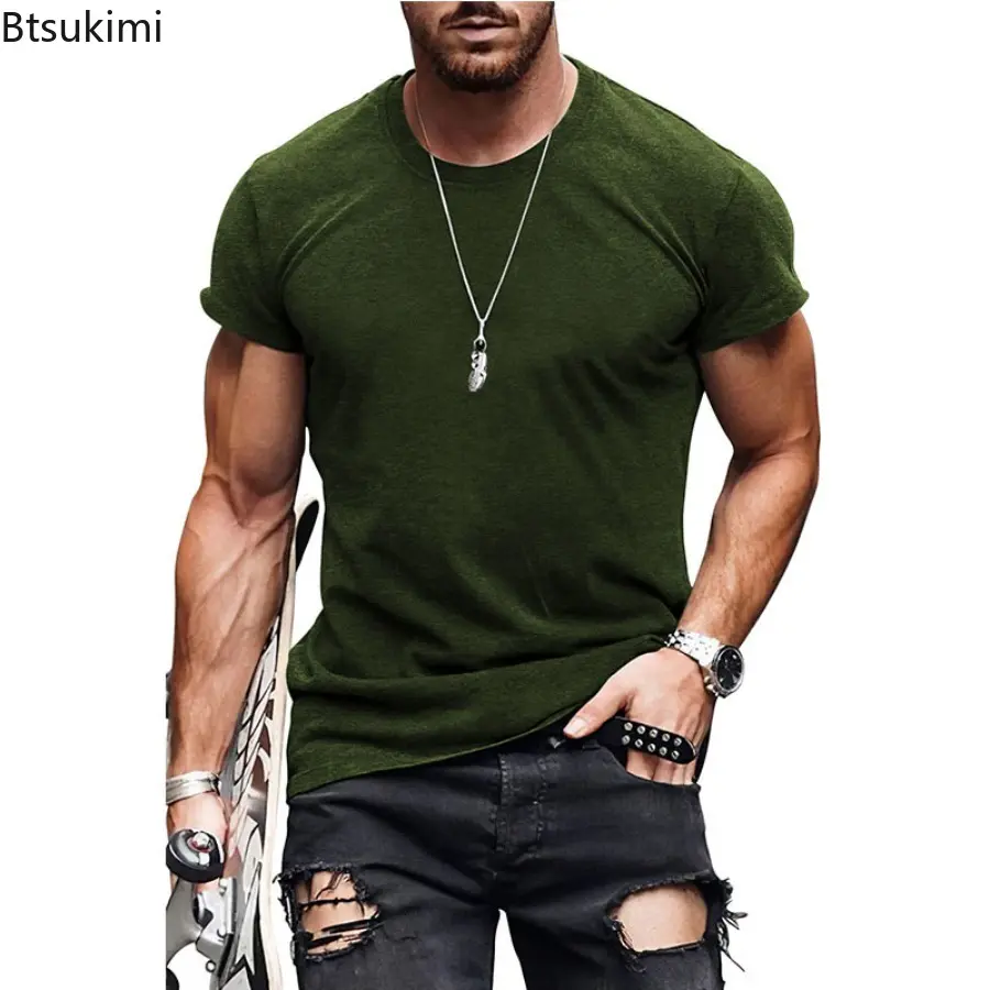 2025 Men's Summer Solid Color Short Sleeved Casual Loose T-shirt Top for Men Breathable and Quick Drying Basic Cotton T-shirt