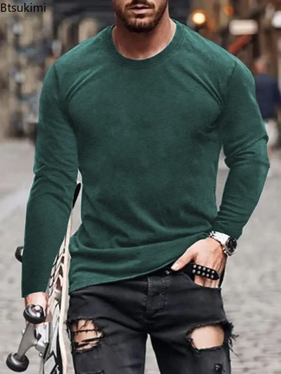 2025 Men's Round Neck Long Sleeved T-shirt Solid Color Casual Slim Fit Top for Men Spring and Autumn Fashion Hooded Shirt Male