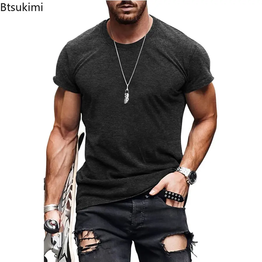 2025 Men's Summer Solid Color Short Sleeved Casual Loose T-shirt Top for Men Breathable and Quick Drying Basic Cotton T-shirt