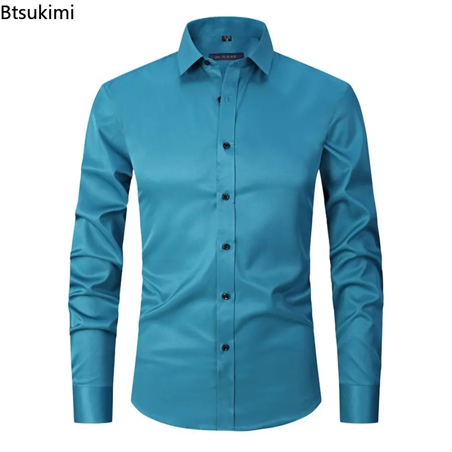 2025 Men Clothing Fashion Solid Slim Fit Business Dress Shirts Men's Long-sleeved Casual Social Formal Shirt High Quality Blouse