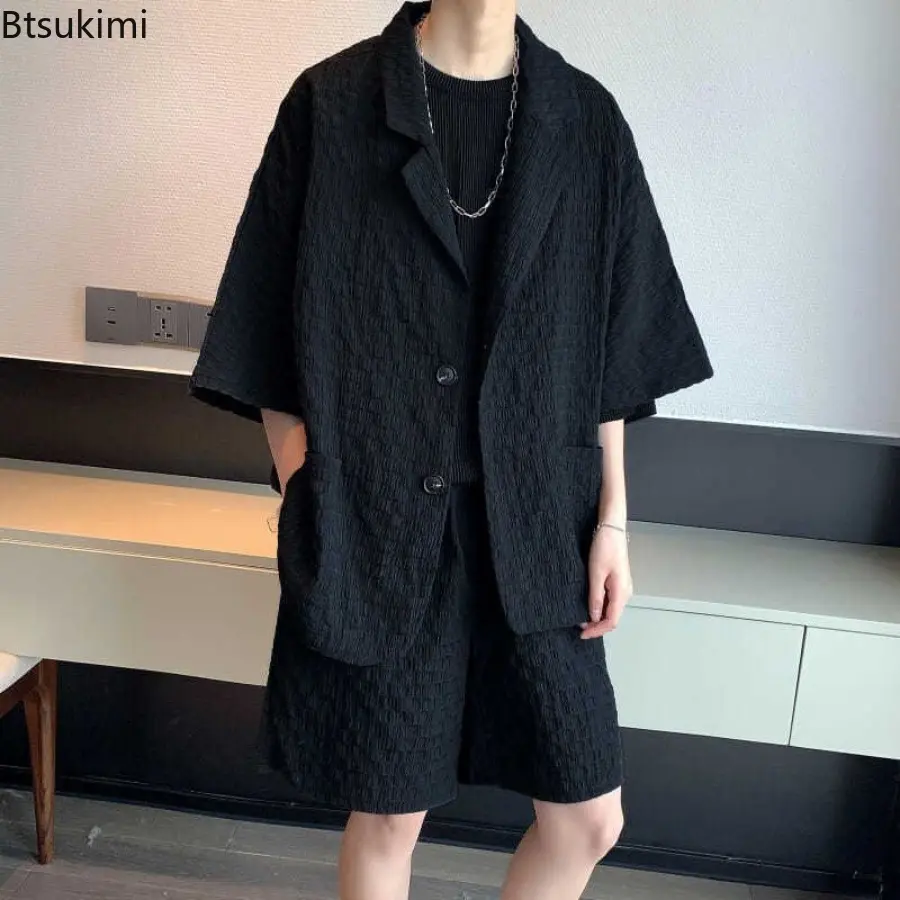 2025 Men's Summer Thin Solid Color Loose Lapel Short Sleeve Blazer Shorts Two Pieces Sets Fashion Streetwear Men's Casual Set
