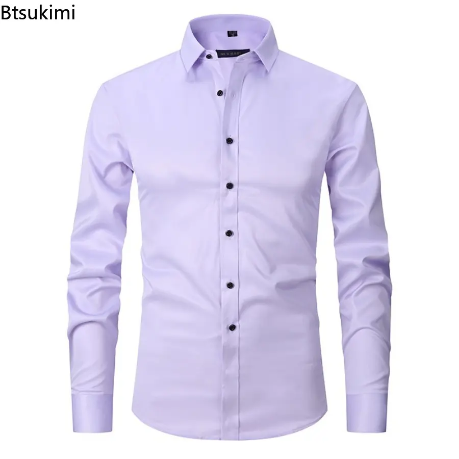 2025 Men Clothing Fashion Solid Slim Fit Business Dress Shirts Men's Long-sleeved Casual Social Formal Shirt High Quality Blouse