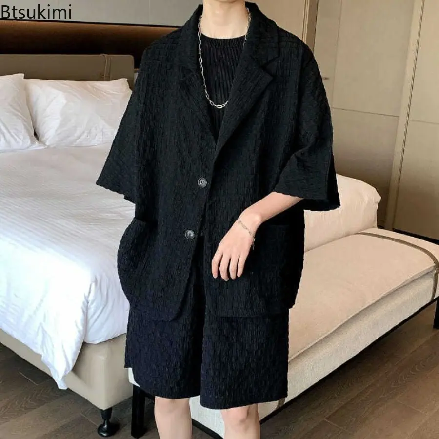 2025 Men's Summer Thin Solid Color Loose Lapel Short Sleeve Blazer Shorts Two Pieces Sets Fashion Streetwear Men's Casual Set
