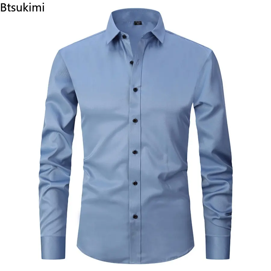 2025 Men Clothing Fashion Solid Slim Fit Business Dress Shirts Men's Long-sleeved Casual Social Formal Shirt High Quality Blouse