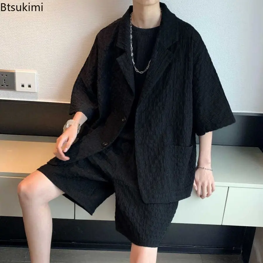 2025 Men's Summer Thin Solid Color Loose Lapel Short Sleeve Blazer Shorts Two Pieces Sets Fashion Streetwear Men's Casual Set