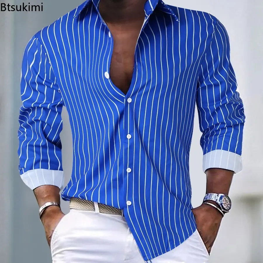 2025 Men's Fashion Loose Casual Long Sleeve Shirt Trend Striped Design Cardigan Men Lapel Tops Comfy Holiday Shirt Camisas Homme