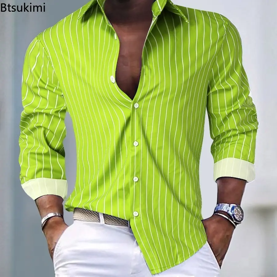 2025 Men's Fashion Loose Casual Long Sleeve Shirt Trend Striped Design Cardigan Men Lapel Tops Comfy Holiday Shirt Camisas Homme