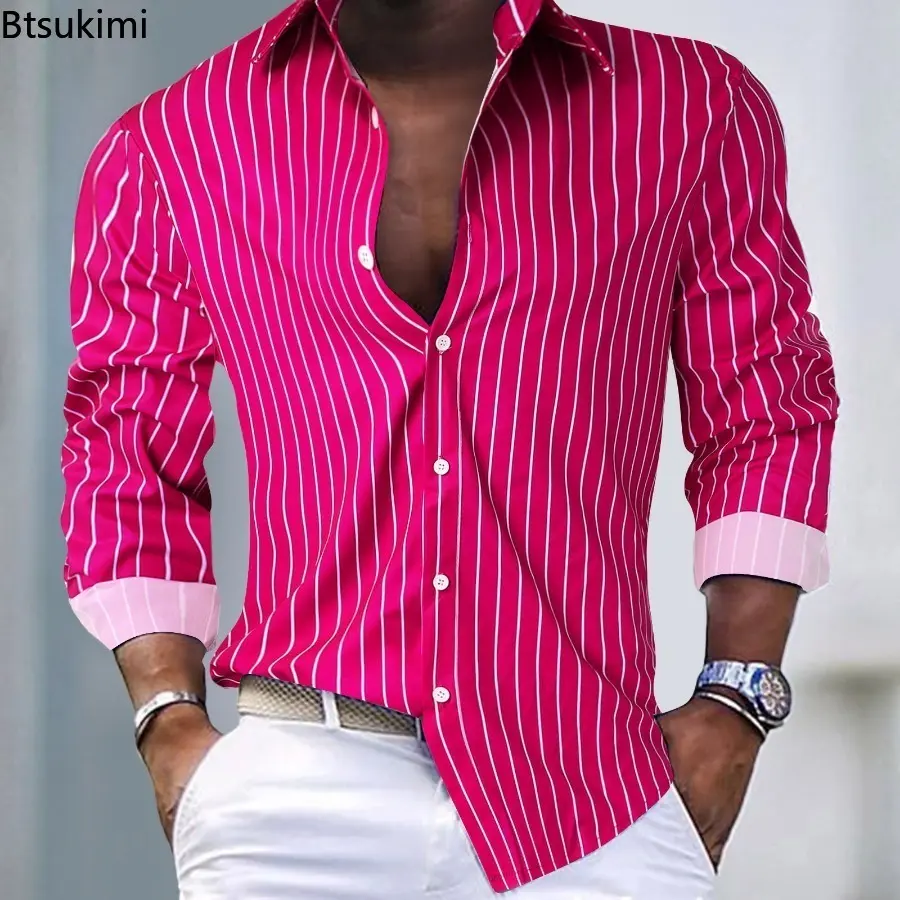 2025 Men's Fashion Loose Casual Long Sleeve Shirt Trend Striped Design Cardigan Men Lapel Tops Comfy Holiday Shirt Camisas Homme