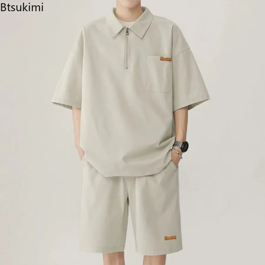 New 2025 Summer Trendy Men's Casual Sports Polo Shirt Short Sleeves T-shirt Suit Loose-fit Sporty Casual Style Clothing Set Male