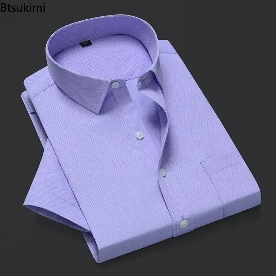 Korean Style Solid Slim Shirts Men's Short-sleeved Office Business Dress Shirt Comfort Cotton Casual Social Formal Blouses Male