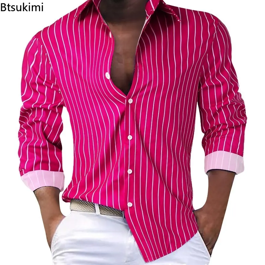2025 Men's Fashion Loose Casual Long Sleeve Shirt Trend Striped Design Cardigan Men Lapel Tops Comfy Holiday Shirt Camisas Homme