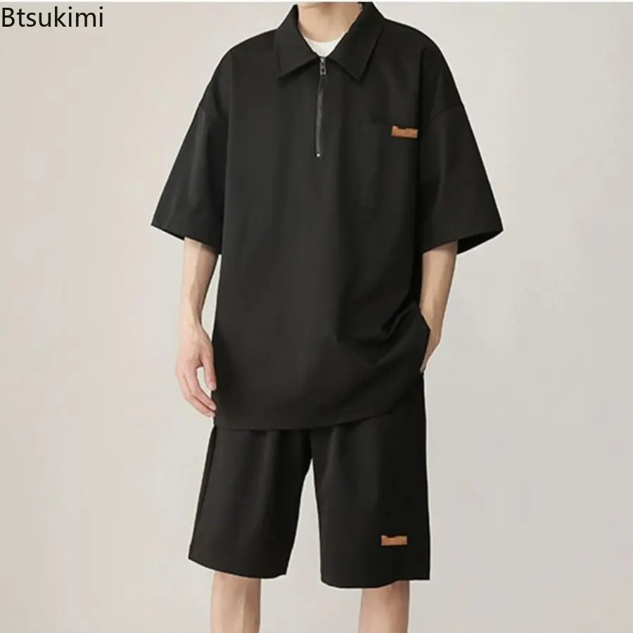 New 2025 Summer Trendy Men's Casual Sports Polo Shirt Short Sleeves T-shirt Suit Loose-fit Sporty Casual Style Clothing Set Male