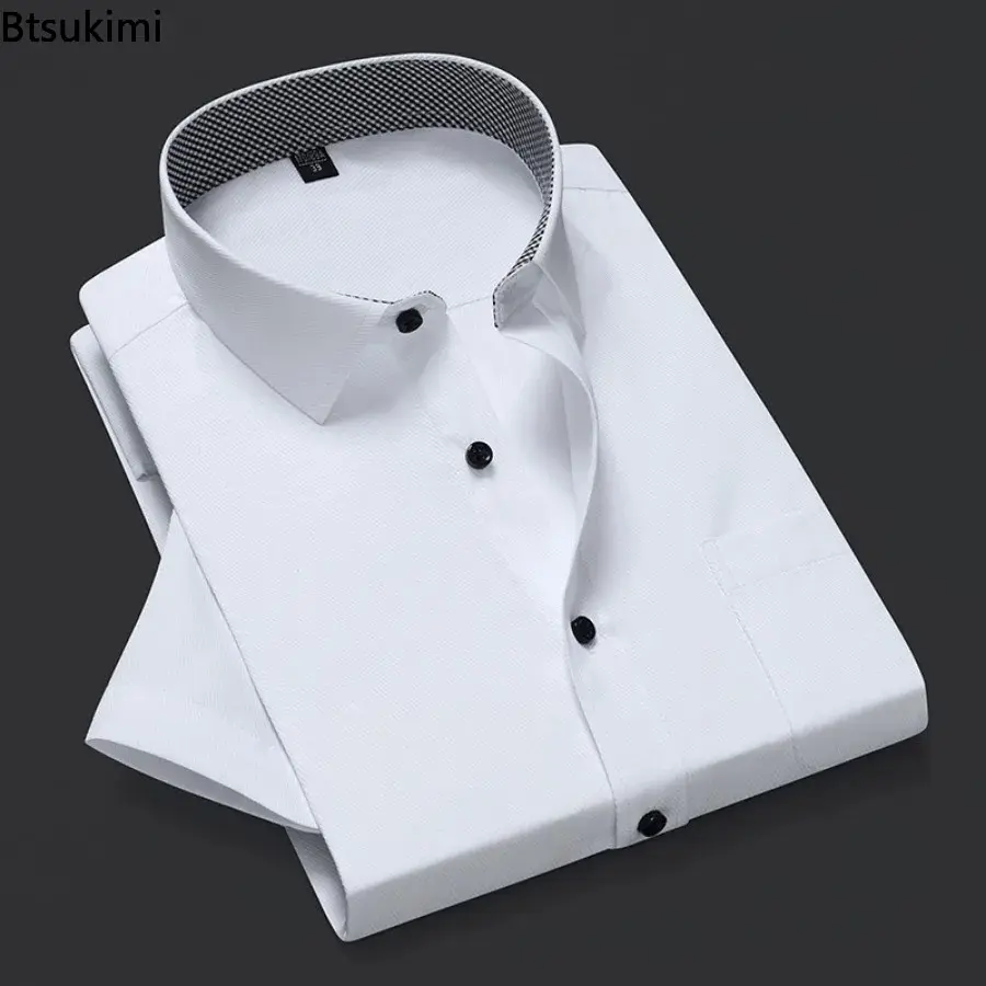 Korean Style Solid Slim Shirts Men's Short-sleeved Office Business Dress Shirt Comfort Cotton Casual Social Formal Blouses Male