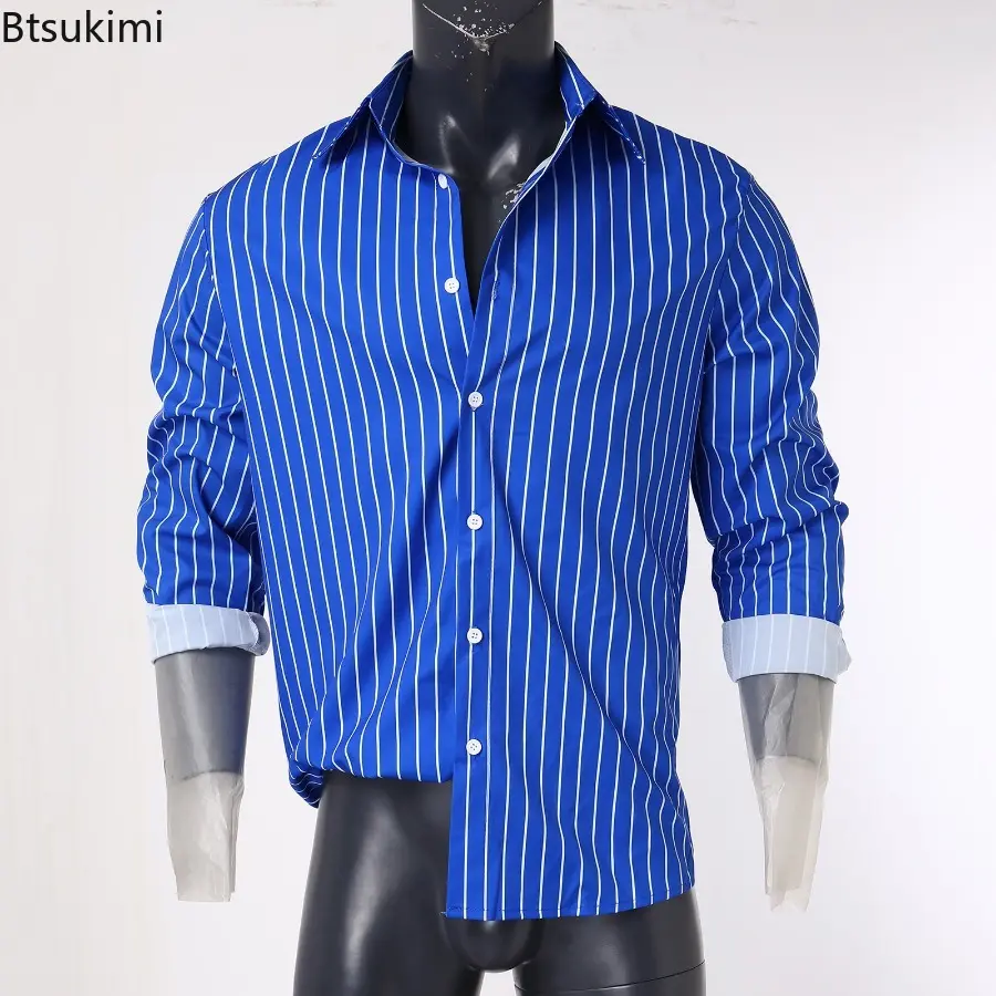 2025 Men's Fashion Loose Casual Long Sleeve Shirt Trend Striped Design Cardigan Men Lapel Tops Comfy Holiday Shirt Camisas Homme