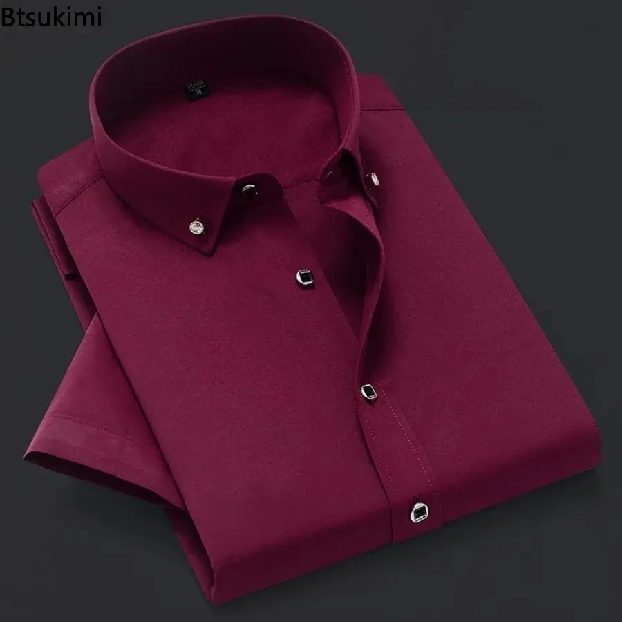 Korean Style Solid Slim Shirts Men's Short-sleeved Office Business Dress Shirt Comfort Cotton Casual Social Formal Blouses Male