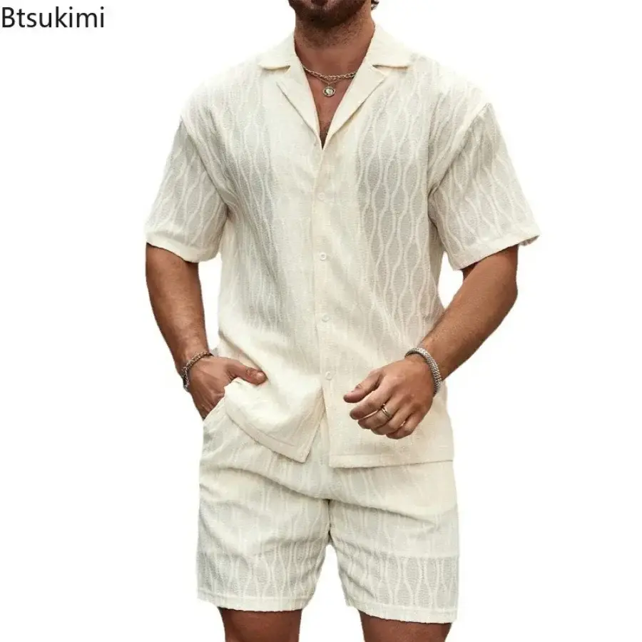 2025 Men Tracksuits Summer Fashion Solid Loose Casual Two Pieces Lapel Button Shirt Shorts Beach Holiday All-match Outfits Male