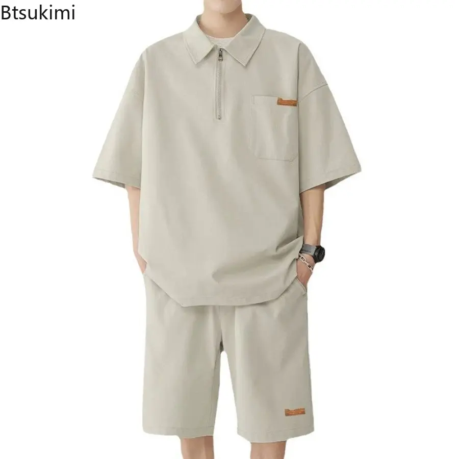 New 2025 Summer Trendy Men's Casual Sports Polo Shirt Short Sleeves T-shirt Suit Loose-fit Sporty Casual Style Clothing Set Male