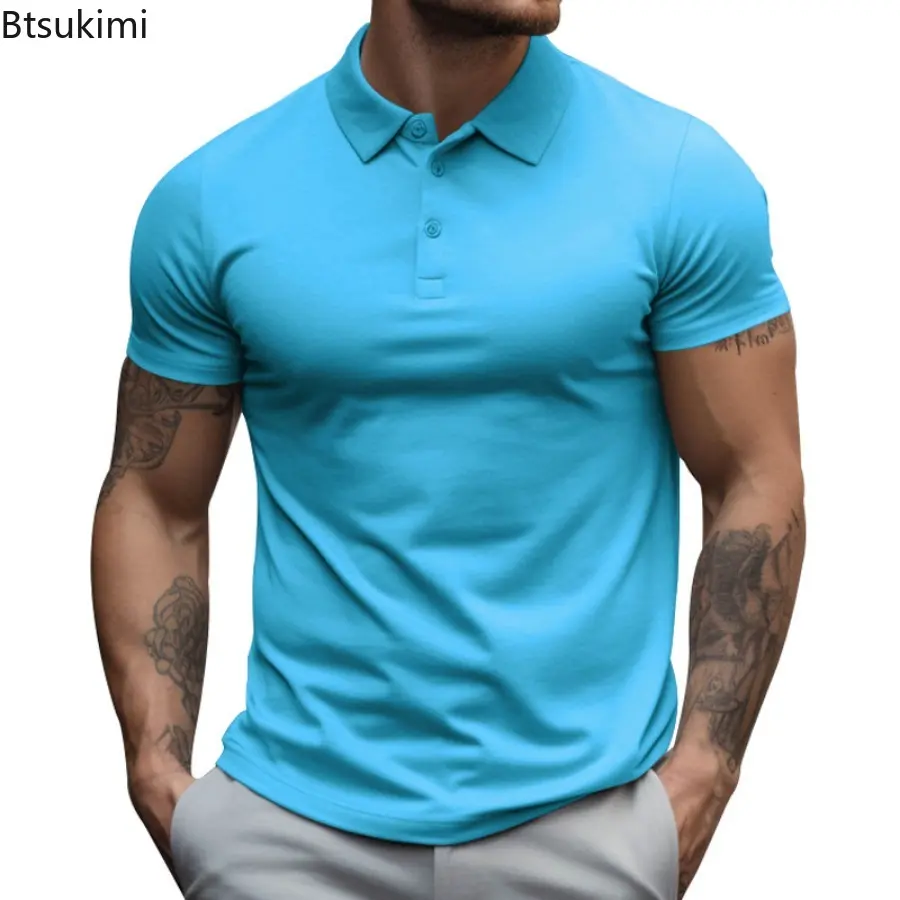 2025 Men's Summer Solid Color Slim Polo Shirts Business Office Casual Short Sleeve Lapel T-shirts Fashion Men Summer Clothing