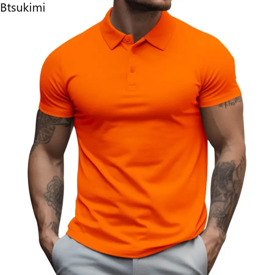 2025 Men's Summer Solid Color Slim Polo Shirts Business Office Casual Short Sleeve Lapel T-shirts Fashion Men Summer Clothing