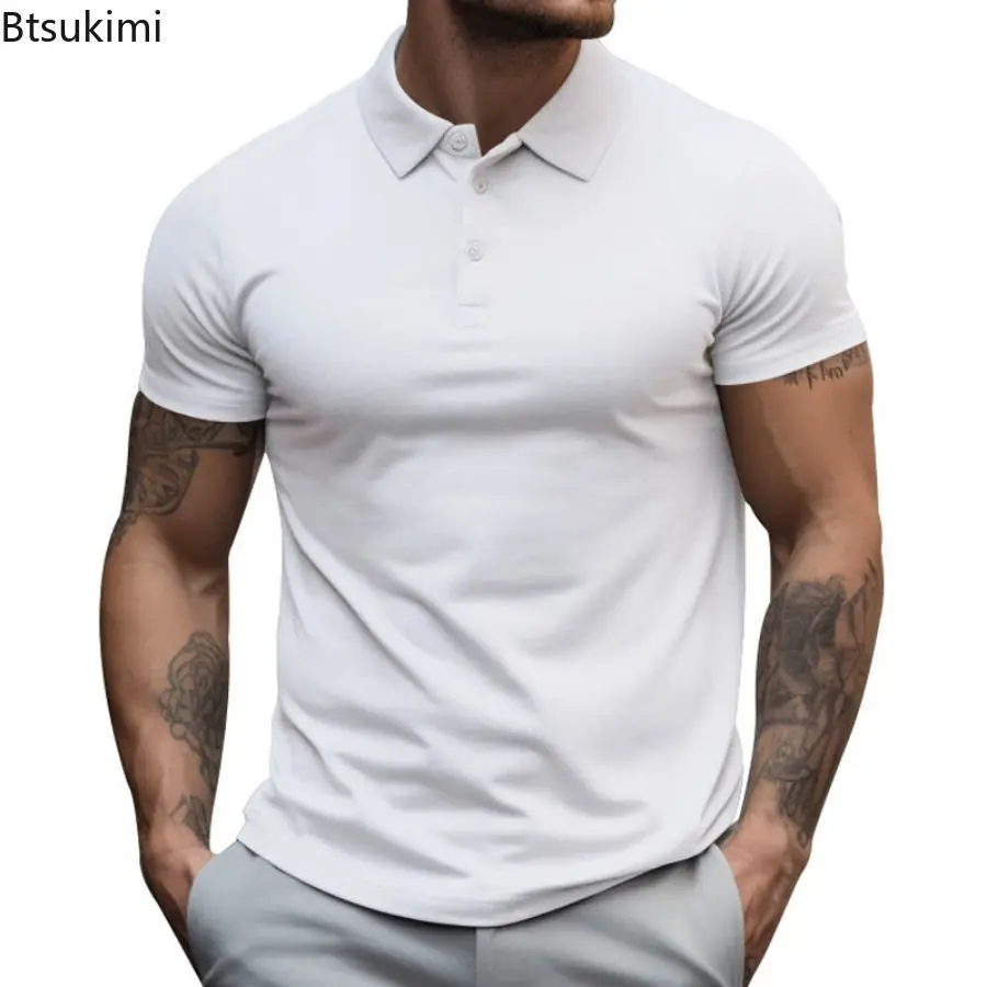 2025 Men's Summer Solid Color Slim Polo Shirts Business Office Casual Short Sleeve Lapel T-shirts Fashion Men Summer Clothing