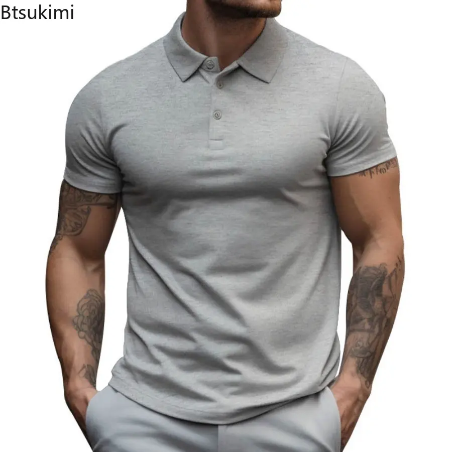 2025 Men's Summer Solid Color Slim Polo Shirts Business Office Casual Short Sleeve Lapel T-shirts Fashion Men Summer Clothing