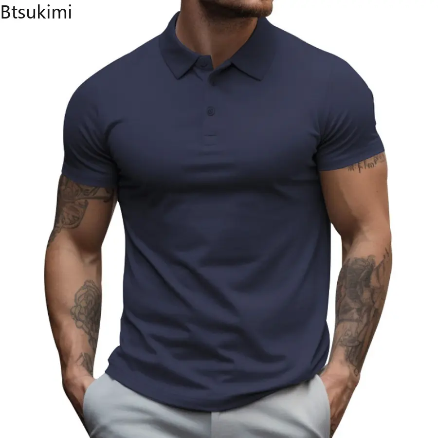 2025 Men's Summer Solid Color Slim Polo Shirts Business Office Casual Short Sleeve Lapel T-shirts Fashion Men Summer Clothing