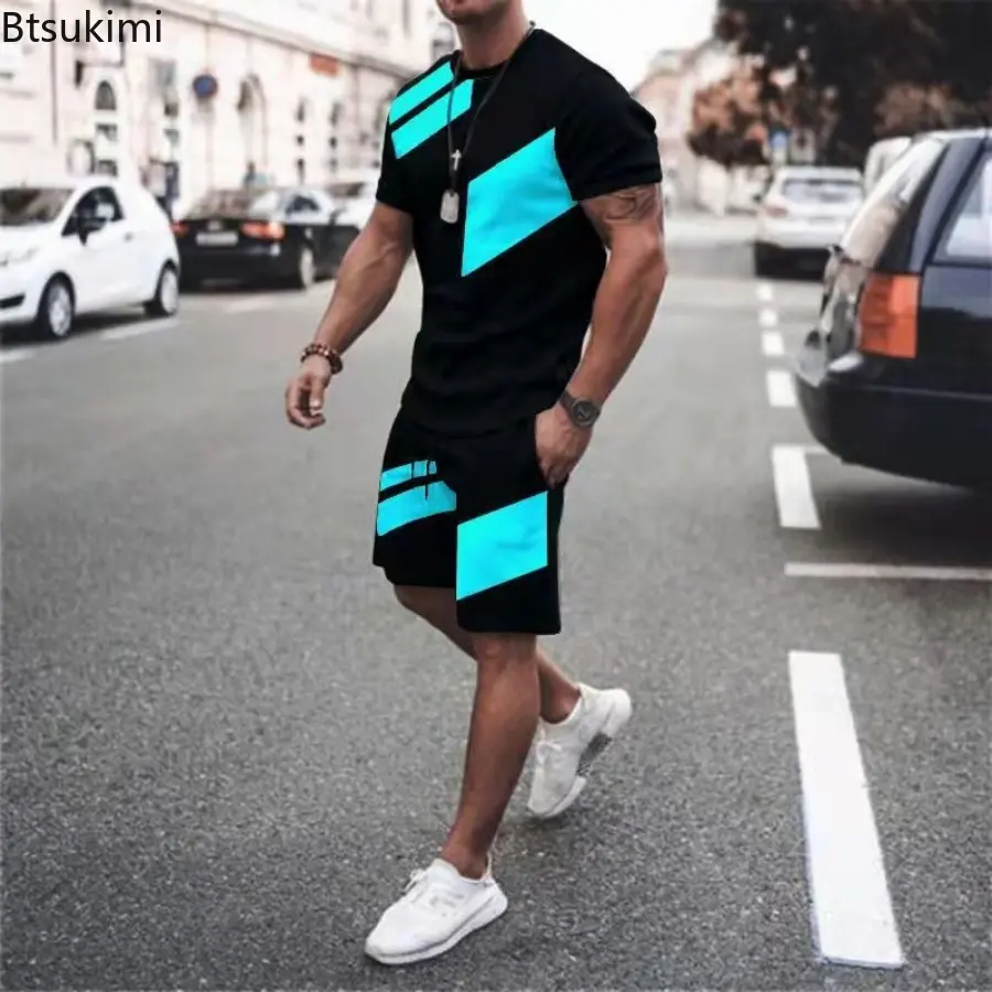 Men's Summer Fashion Loose Casual Two Piece Sets Contrast Color Design O-neck T-shirt and Shorts Sport Suit Men Fitness Clothes