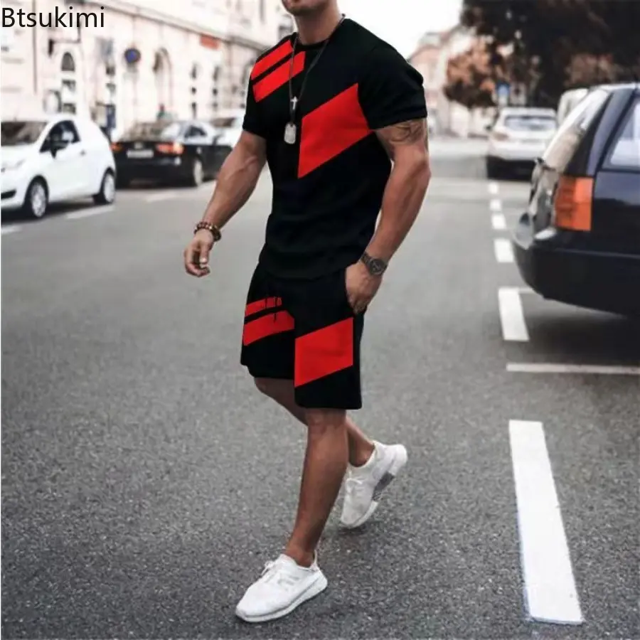 Men's Summer Fashion Loose Casual Two Piece Sets Contrast Color Design O-neck T-shirt and Shorts Sport Suit Men Fitness Clothes