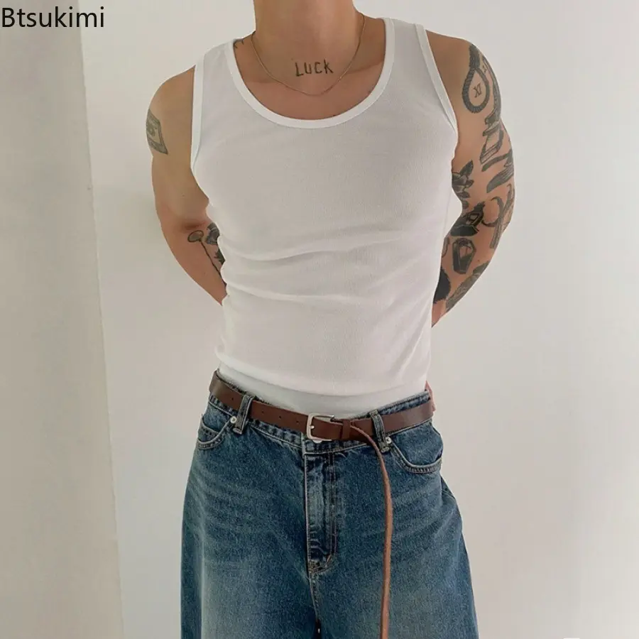 2025 Men's Summer Pure Cotton Vests Solid Color Versatile Sleeveless T-shirt Fashion and Leisure Sports Fitness Slim Fit Tops