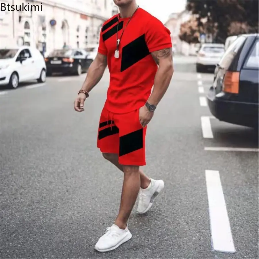Men's Summer Fashion Loose Casual Two Piece Sets Contrast Color Design O-neck T-shirt and Shorts Sport Suit Men Fitness Clothes