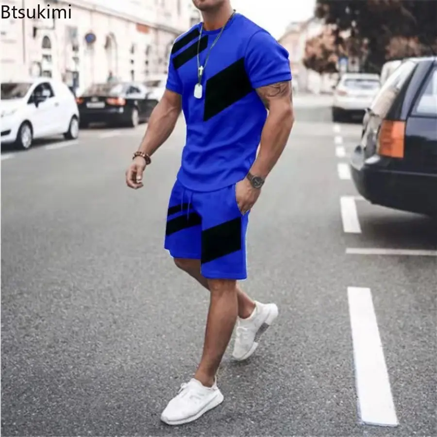 Men's Summer Fashion Loose Casual Two Piece Sets Contrast Color Design O-neck T-shirt and Shorts Sport Suit Men Fitness Clothes