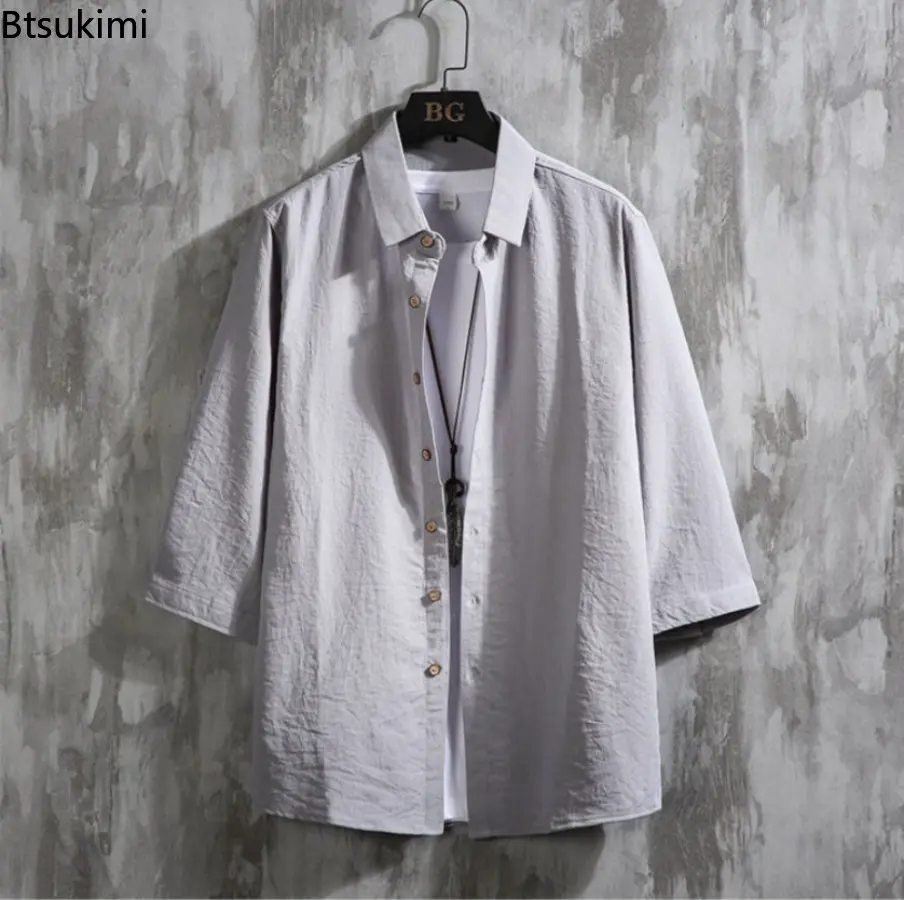 Men's Spring Summer Loose Casual Shirts Fashion Simple Solid Lapel Cardigan Tops Breathable Versatile Cotton Linen Shirt Coats