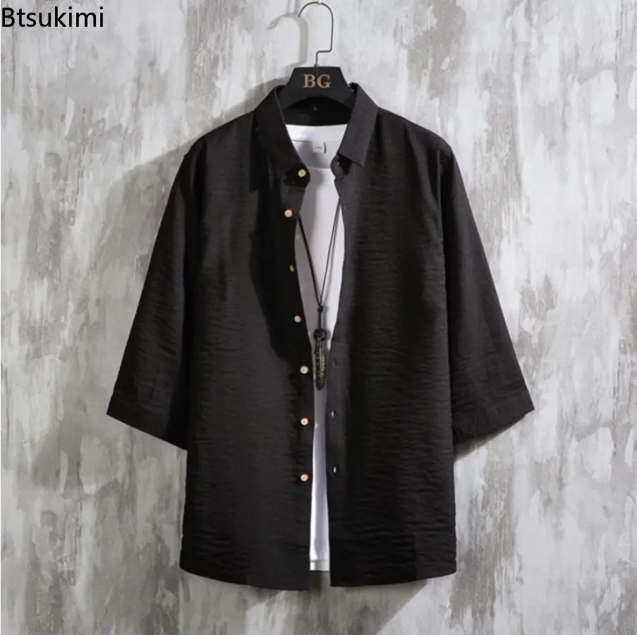 Men's Spring Summer Loose Casual Shirts Fashion Simple Solid Lapel Cardigan Tops Breathable Versatile Cotton Linen Shirt Coats