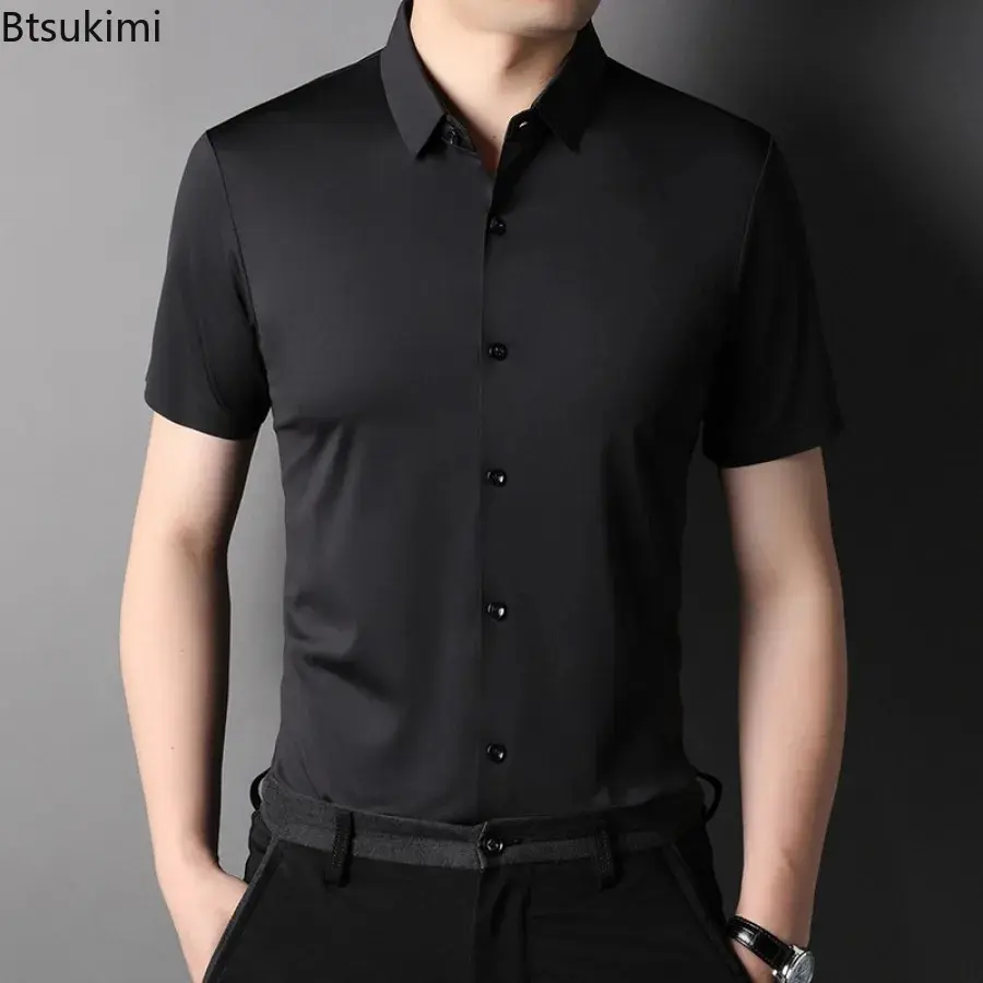 High Quality Men's Summer Ice Silk Short-sleeved Shirts Fashion Slim Casual Social Blouse Male Non-ironing Business Dress Shirts
