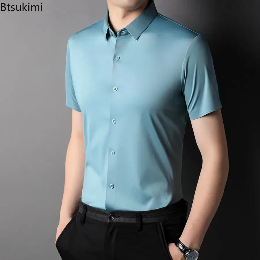 High Quality Men's Summer Ice Silk Short-sleeved Shirts Fashion Slim Casual Social Blouse Male Non-ironing Business Dress Shirts