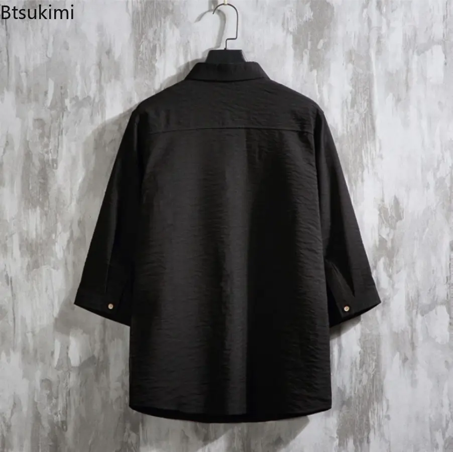 Men's Spring Summer Loose Casual Shirts Fashion Simple Solid Lapel Cardigan Tops Breathable Versatile Cotton Linen Shirt Coats