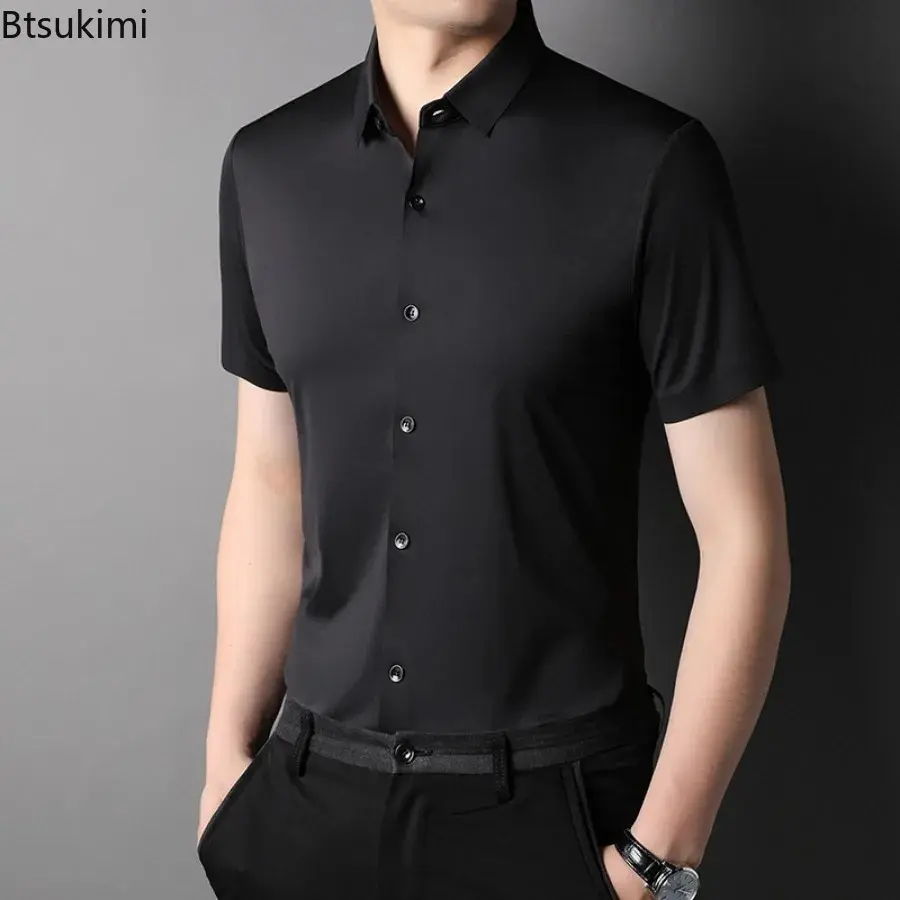 High Quality Men's Summer Ice Silk Short-sleeved Shirts Fashion Slim Casual Social Blouse Male Non-ironing Business Dress Shirts