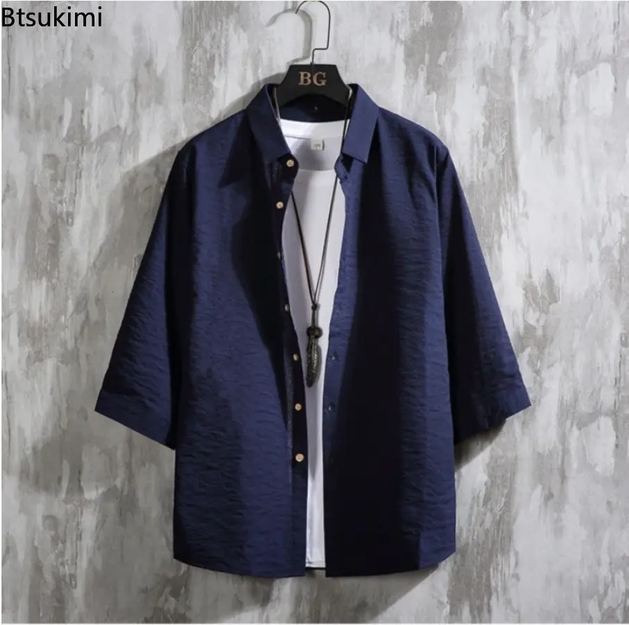 Men's Spring Summer Loose Casual Shirts Fashion Simple Solid Lapel Cardigan Tops Breathable Versatile Cotton Linen Shirt Coats