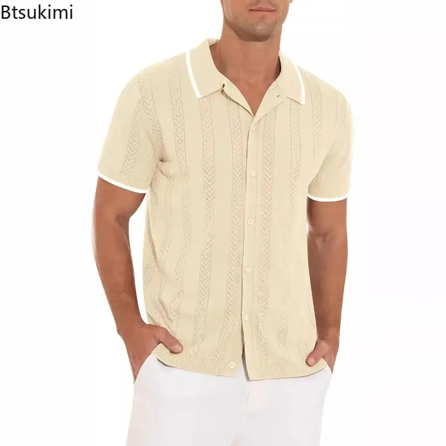 2025 Men's Jacquard Knitted Short-sleeved Shirts Summer Fashion Hollow Out Lapel Cardigan Solid Casual Slim Tops T-shirt for Men