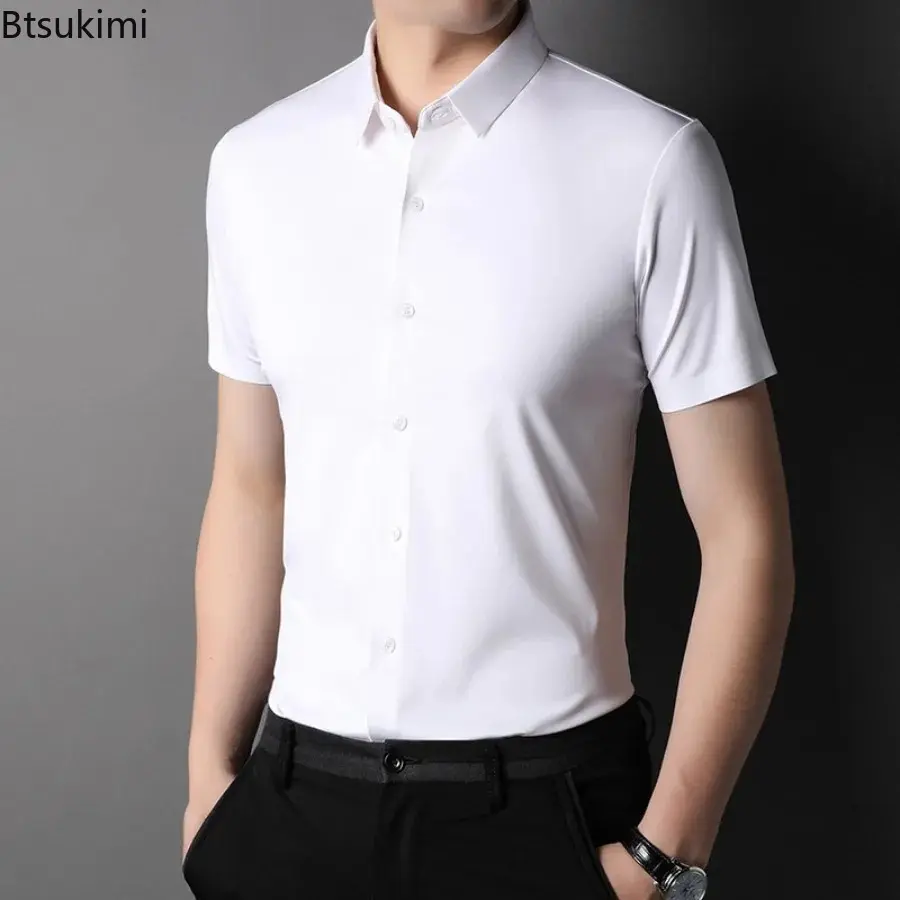 High Quality Men's Summer Ice Silk Short-sleeved Shirts Fashion Slim Casual Social Blouse Male Non-ironing Business Dress Shirts