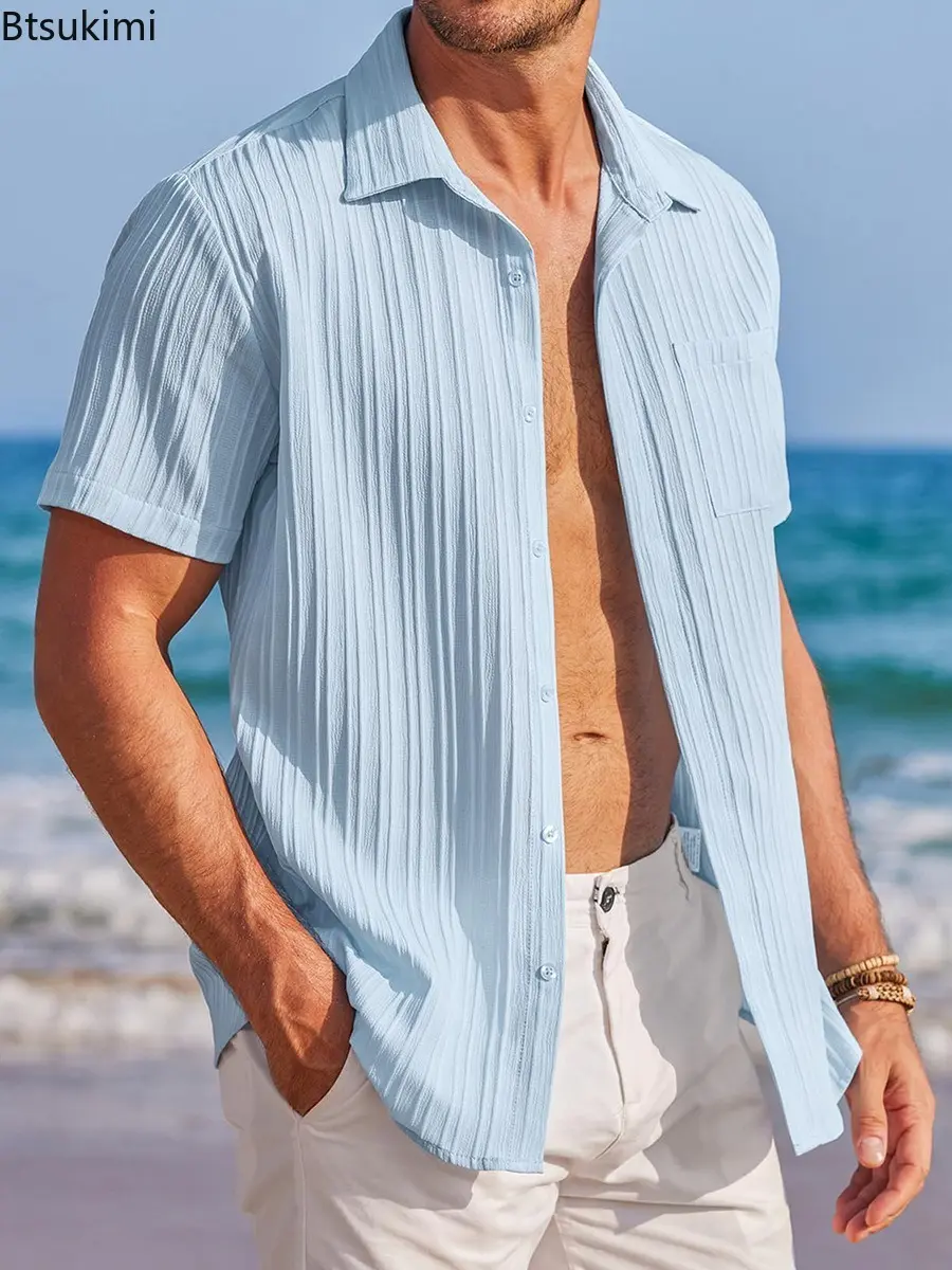 Fashion New Men's Striped Casual Shirt Summer Short-sleeved Solid Turn-down Collar Pleated Cardigan Tops Men Loose Simple Blouse