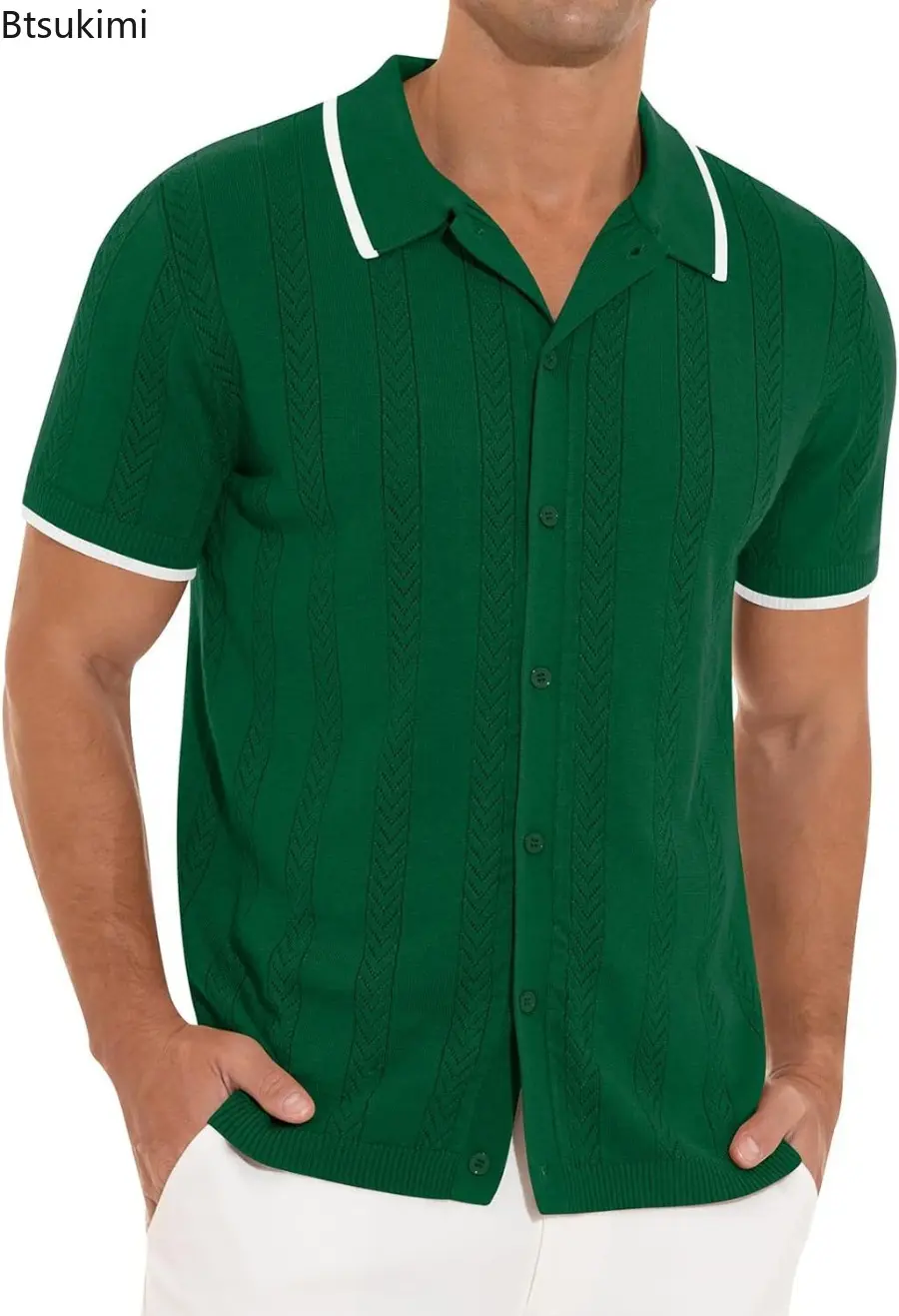 2025 Men's Jacquard Knitted Short-sleeved Shirts Summer Fashion Hollow Out Lapel Cardigan Solid Casual Slim Tops T-shirt for Men